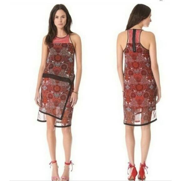Helmut Lang Red Mandala Print Silk Dress Asymmetrical Wrap Sleeveless size 2 - Picture 2 of 12